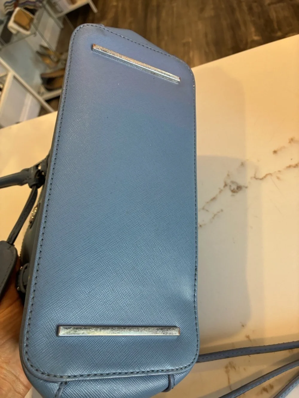 Tory Burch Blue Leather Double-Zip Satchel with Detachable Strap and silver